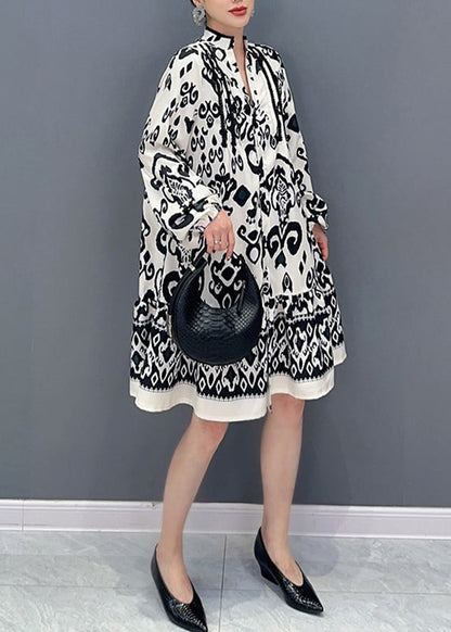 Women White Stand Collar Print Maxi Dresses Lantern Sleeve