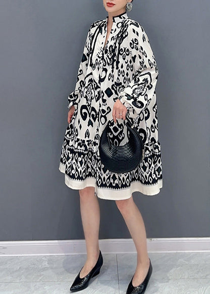 Women White Stand Collar Print Maxi Dresses Lantern Sleeve