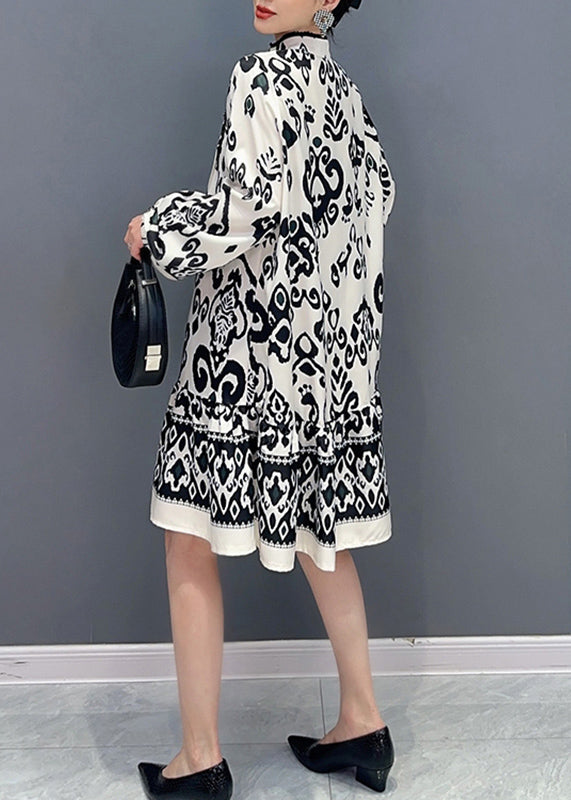 Women White Stand Collar Print Maxi Dresses Lantern Sleeve