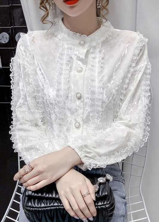 Frauen Weiß Stehkragen taste Spitze Patchwork Velour Shirt Tops Langarm