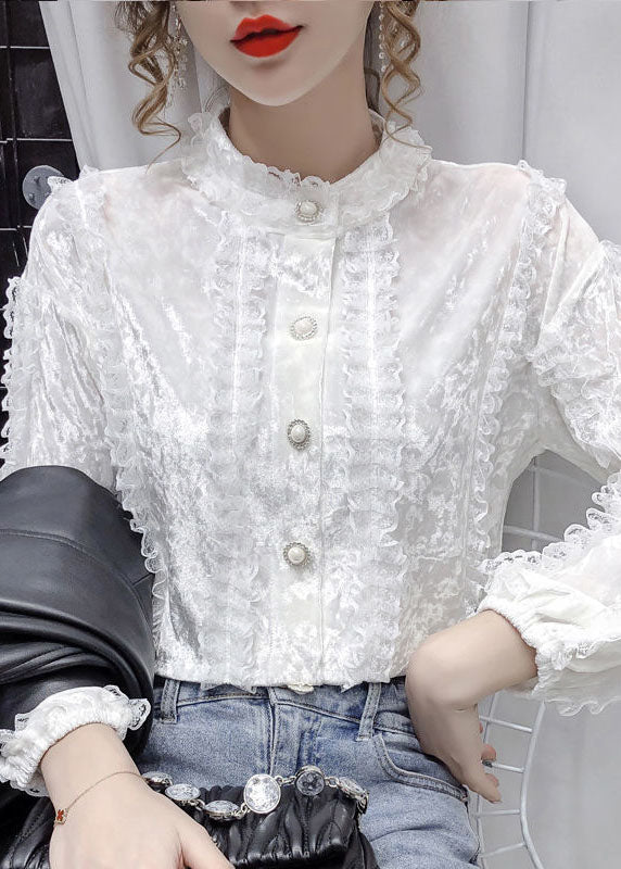 Women White Stand Collar button Lace Patchwork Velour Shirt Tops Long sleeve