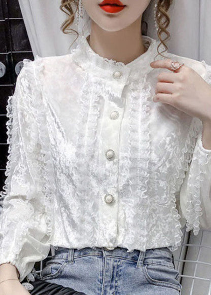 Women White Stand Collar button Lace Patchwork Velour Shirt Tops Long sleeve