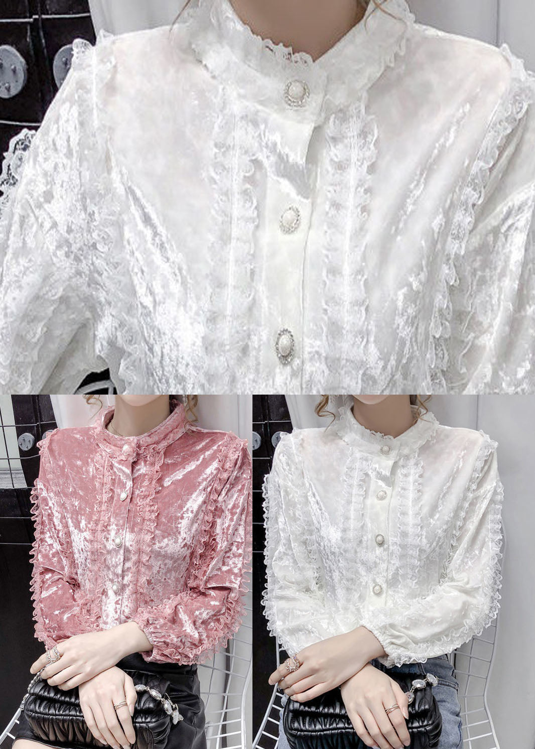 Women White Stand Collar button Lace Patchwork Velour Shirt Tops Long sleeve