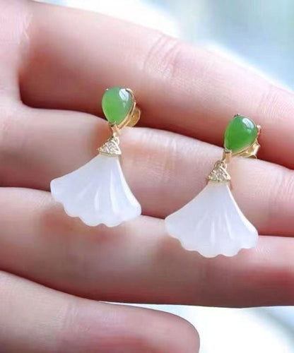 Women White Sterling Silver Inlaid Jade Fan Shaped Drop Earrings