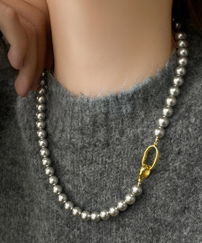 Collar de plata de ley blanca con cuentas graduadas y perlas doradas para mujer