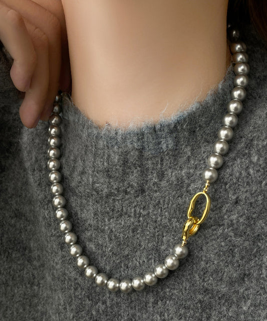 Collar de plata de ley blanca con cuentas graduadas y perlas doradas para mujer