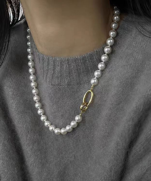 Collar de plata de ley blanca con cuentas graduadas y perlas doradas para mujer
