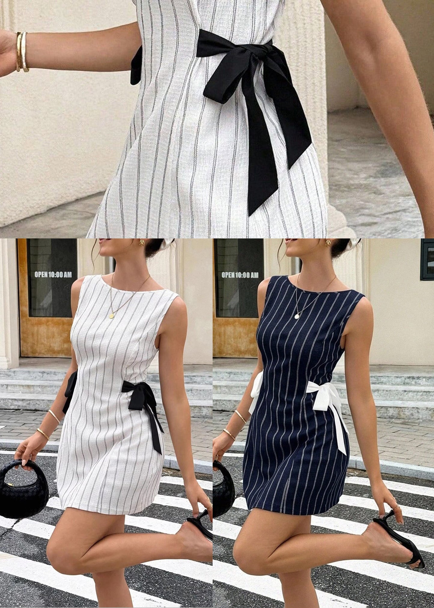 Women White Striped Bow Cotton Tea Dresses Sleeveless