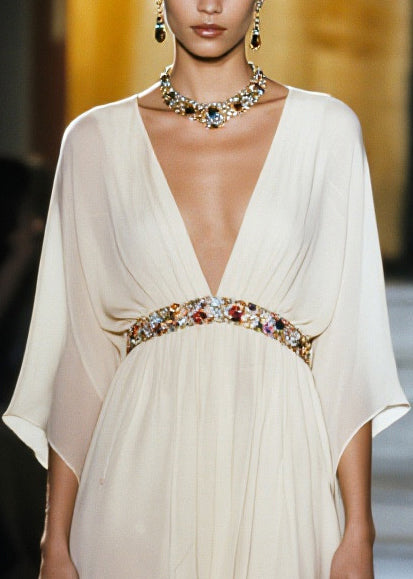 Women White V Neck Draping Chiffon Vacation Dresses Summer