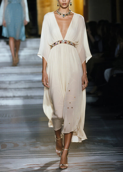 Women White V Neck Draping Chiffon Vacation Dresses Summer