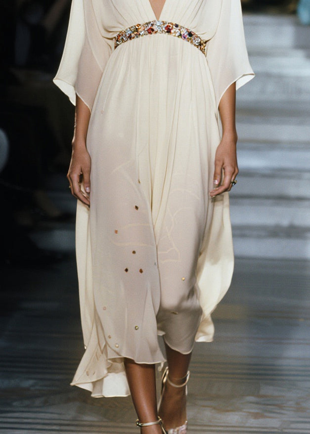 Women White V Neck Draping Chiffon Vacation Dresses Summer