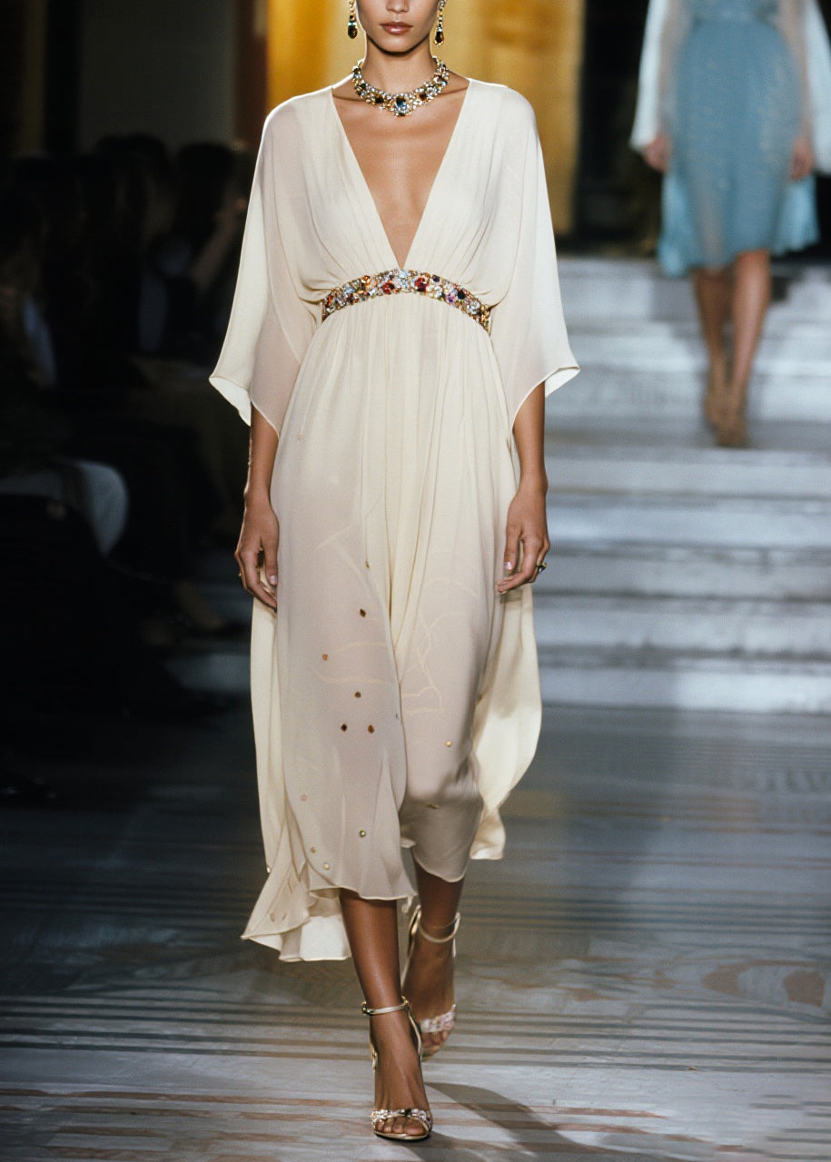 Women White V Neck Draping Chiffon Vacation Dresses Summer