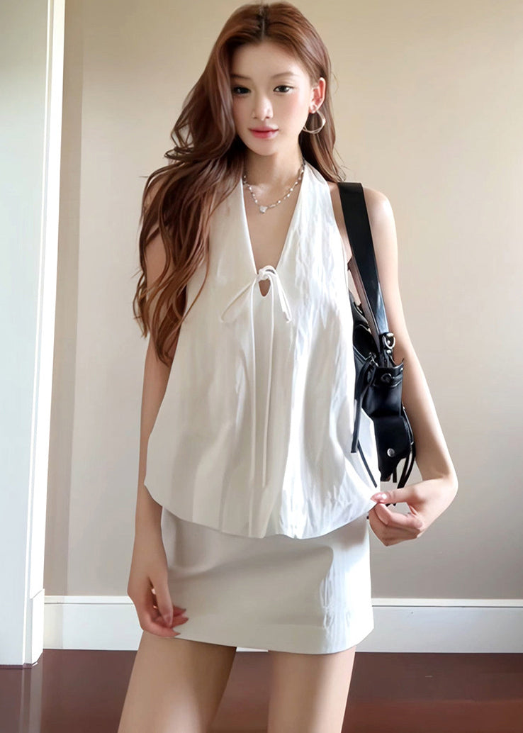Women White V Neck Hanging Lace Up Cotton Two Pieces Set Summer