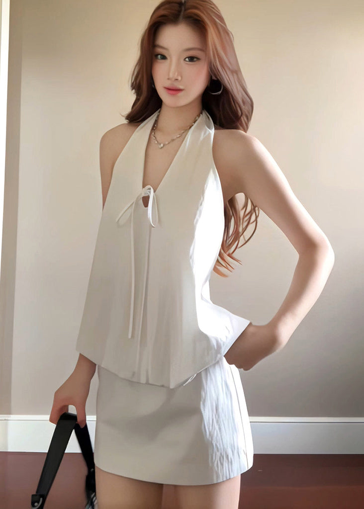 Women White V Neck Hanging Lace Up Cotton Two Pieces Set Summer