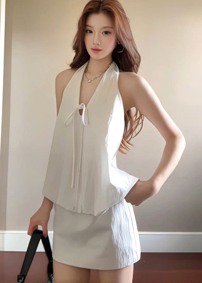 Women White V Neck Hanging Lace Up Cotton Two Pieces Set Summer