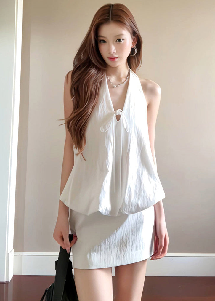Women White V Neck Hanging Lace Up Cotton Two Pieces Set Summer