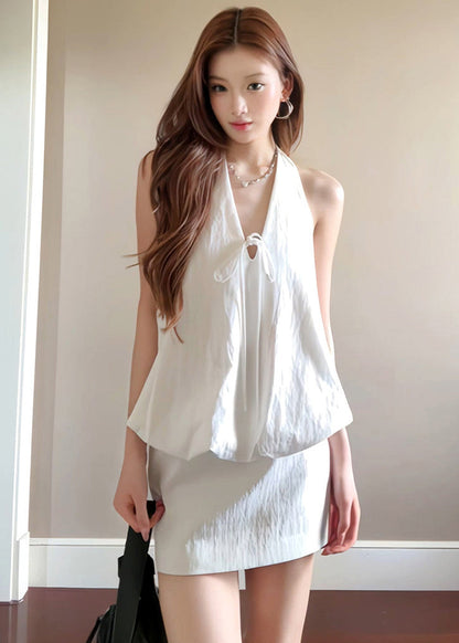 Women White V Neck Hanging Lace Up Cotton Two Pieces Set Summer