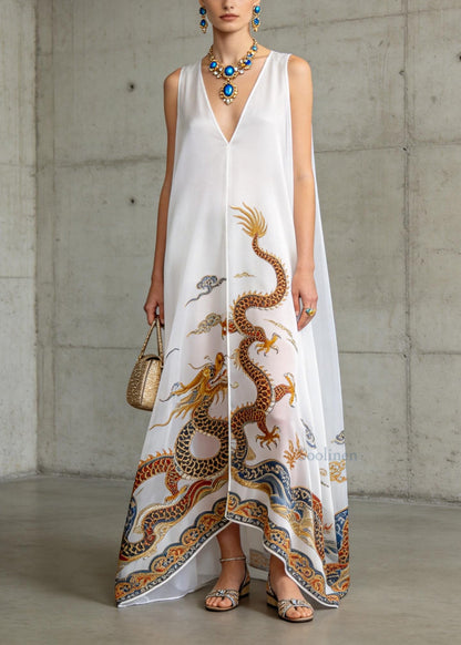Women White V Neck Oriental Print Chiffon Dress Sleeveless
