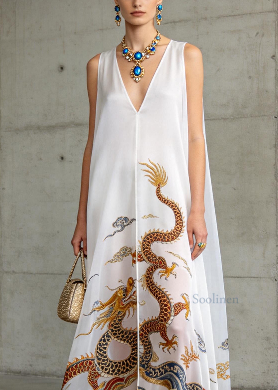 Women White V Neck Oriental Print Chiffon Dress Sleeveless