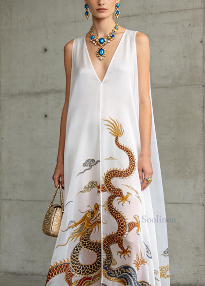 Women White V Neck Oriental Print Chiffon Dress Sleeveless