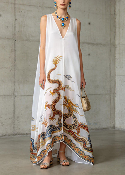 Women White V Neck Oriental Print Chiffon Dress Sleeveless