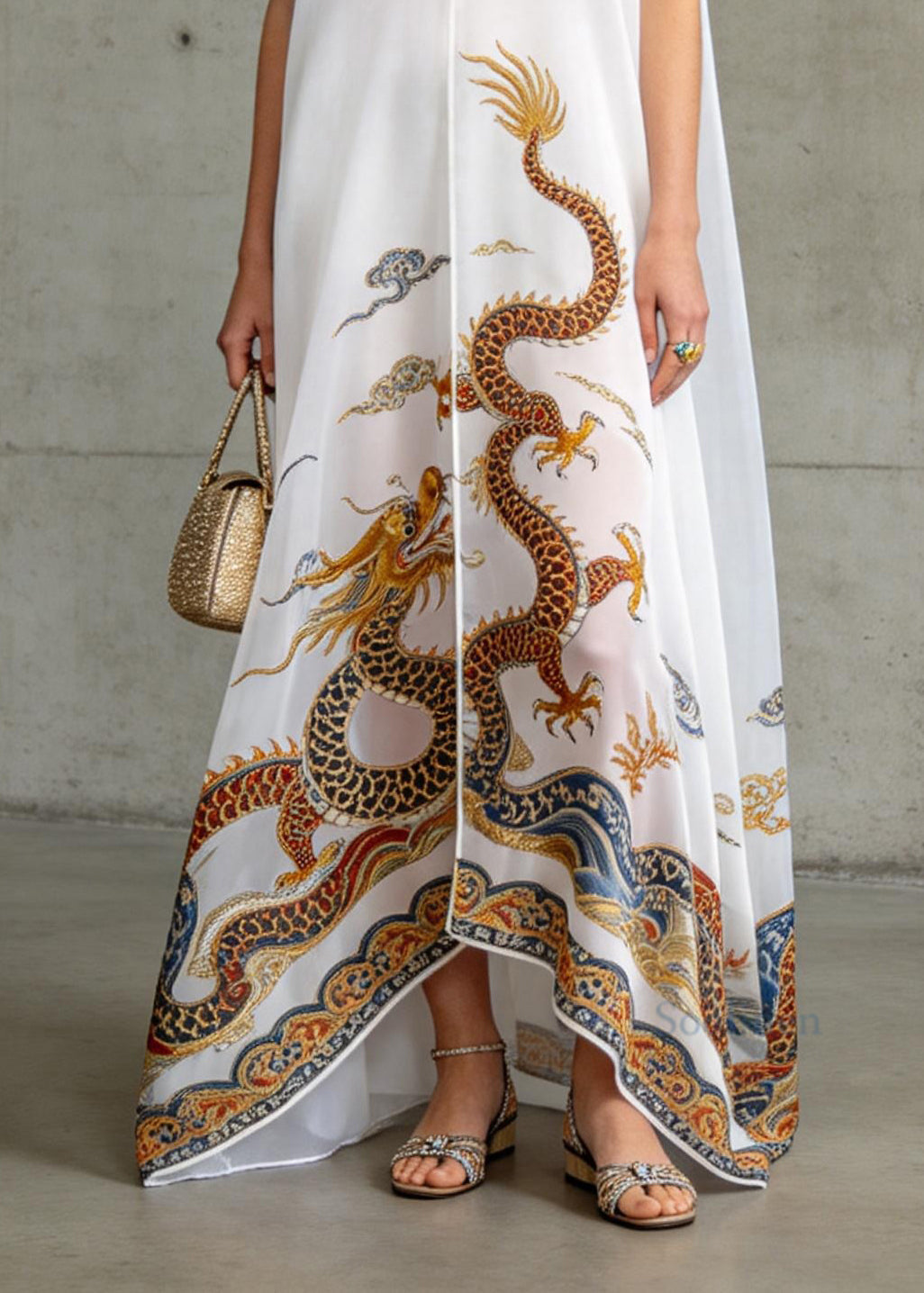 Women White V Neck Oriental Print Chiffon Dress Sleeveless