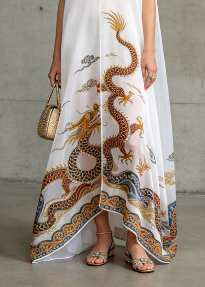 Women White V Neck Oriental Print Chiffon Dress Sleeveless