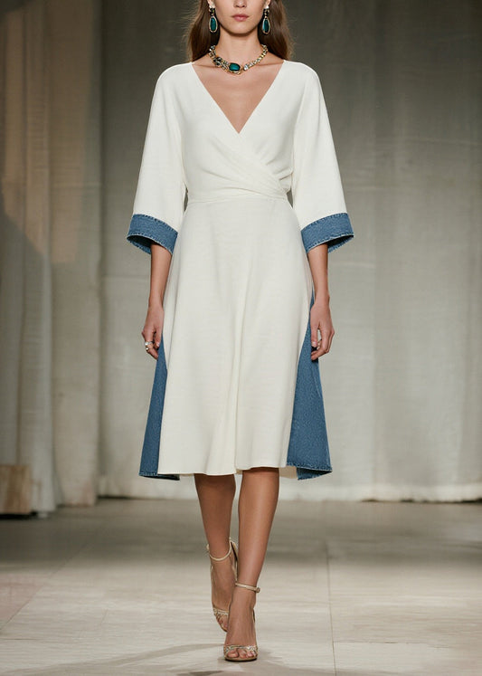 Women White V Neck Patchwork Denim Day Dress Summer