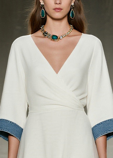 Women White V Neck Patchwork Denim Day Dress Summer