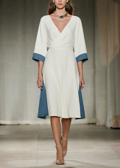 Women White V Neck Patchwork Denim Day Dress Summer