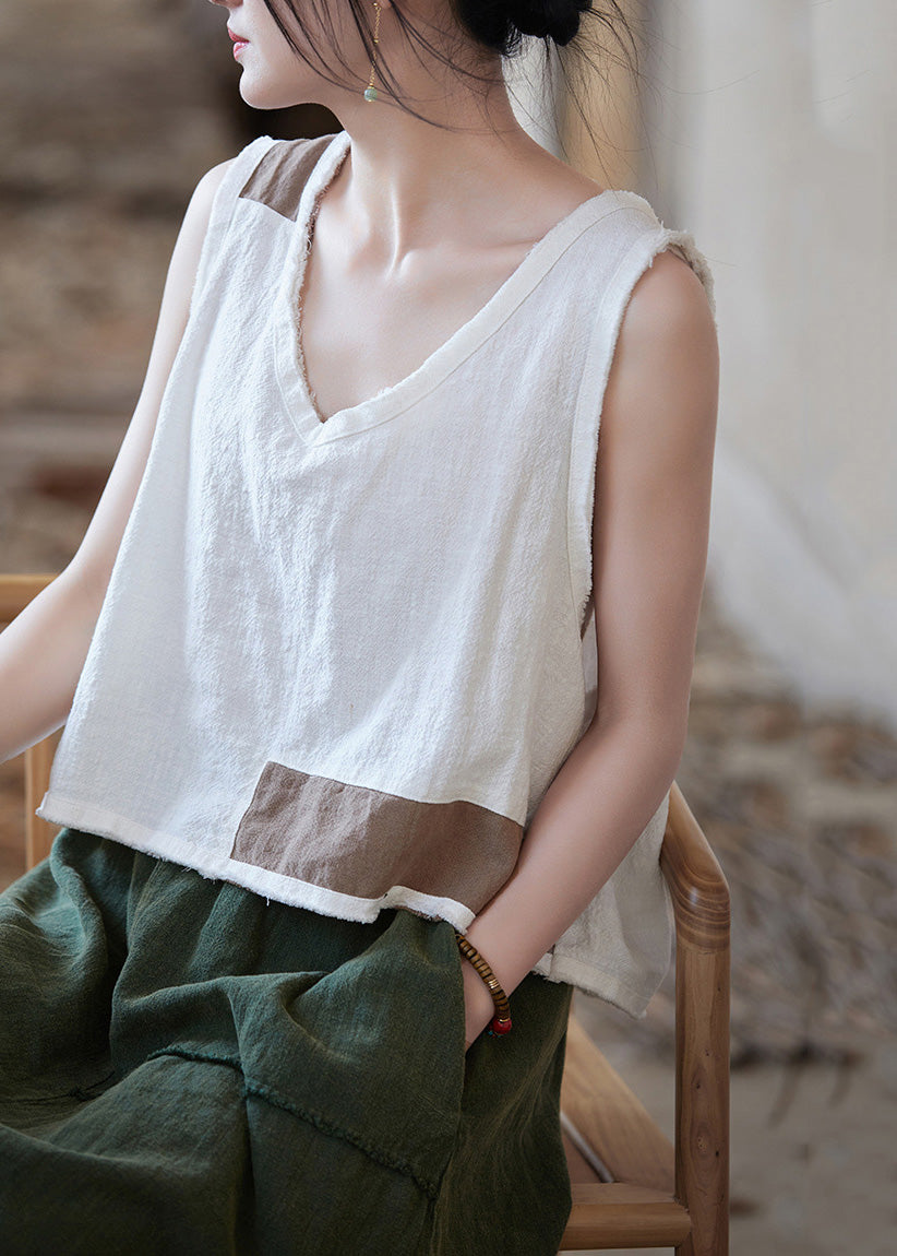 Frauen Weiß V-Ausschnitt Patchwork Leinen Shirt Top Ärmellos