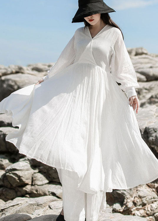 Frauen Weiß V-Ausschnitt Patchwork Maxi Kleider Frühling