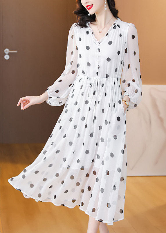 Frauen Weiß V Neck Print Kordelzug Chiffon Kleid Laterne Hülse