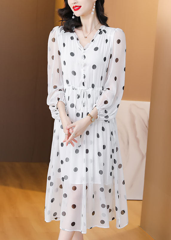 Frauen Weiß V Neck Print Kordelzug Chiffon Kleid Laterne Hülse