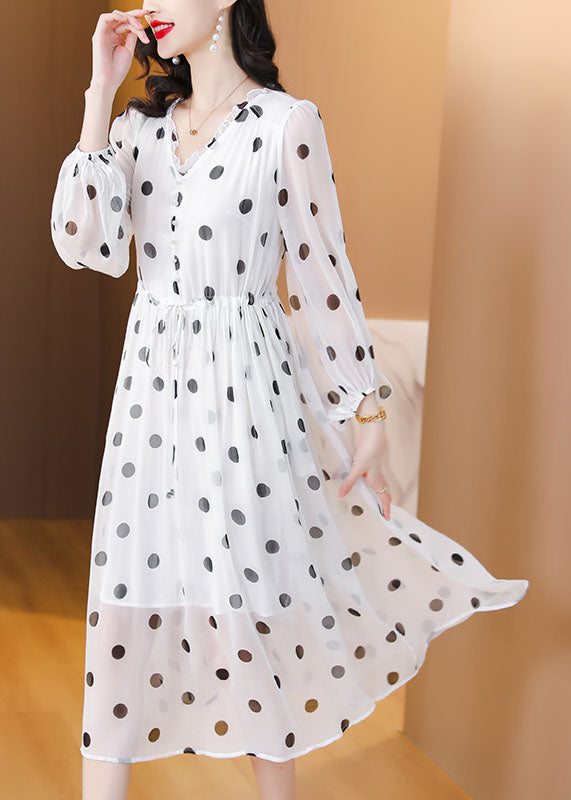 Frauen Weiß V Neck Print Kordelzug Chiffon Kleid Laterne Hülse
