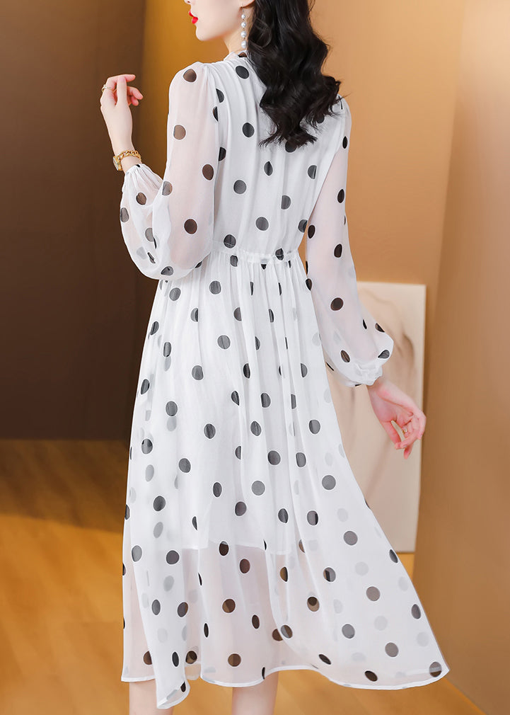 Frauen Weiß V Neck Print Kordelzug Chiffon Kleid Laterne Hülse