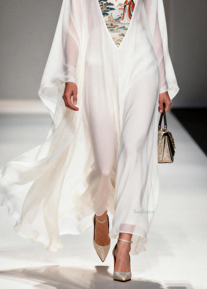 Women White V Neck Print Patchwork Chiffon Dresses Spring