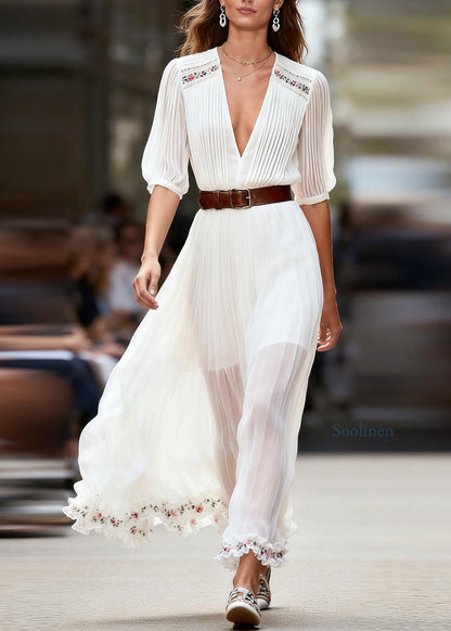 Women White V Neck Ruffled Floral Patchwork Chiffon Dress Summer