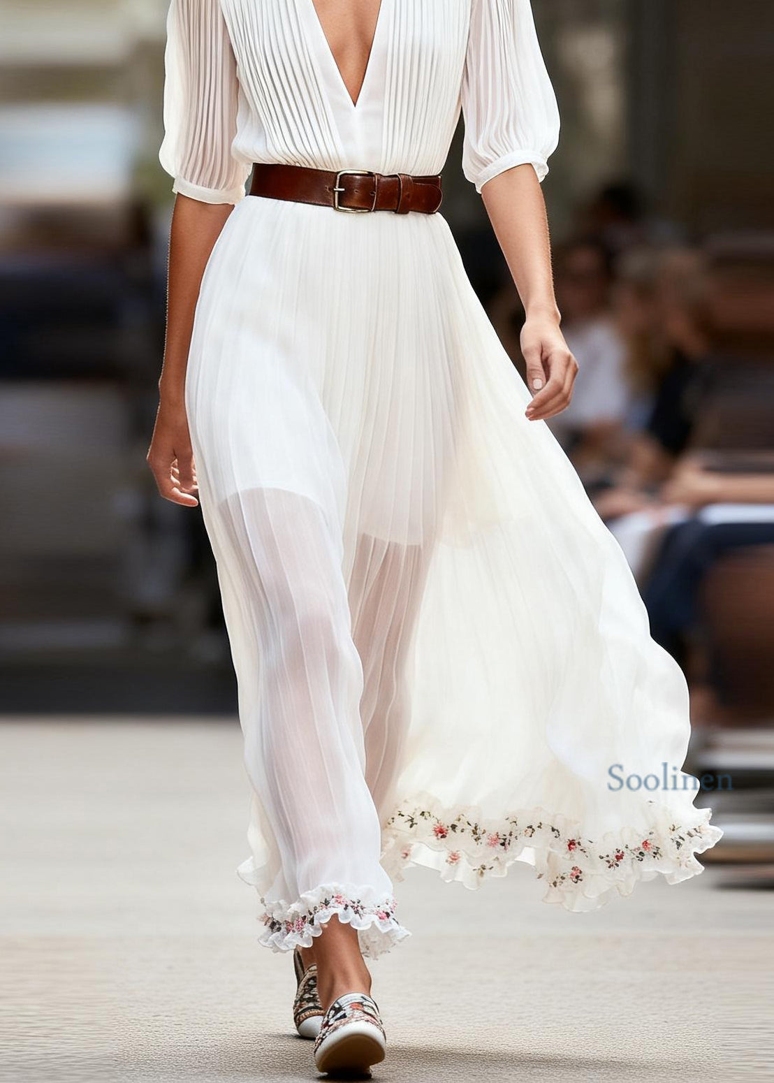Women White V Neck Ruffled Floral Patchwork Chiffon Dress Summer