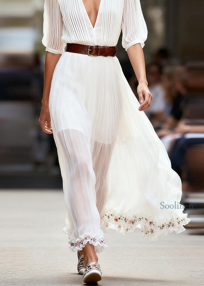 Women White V Neck Ruffled Floral Patchwork Chiffon Dress Summer