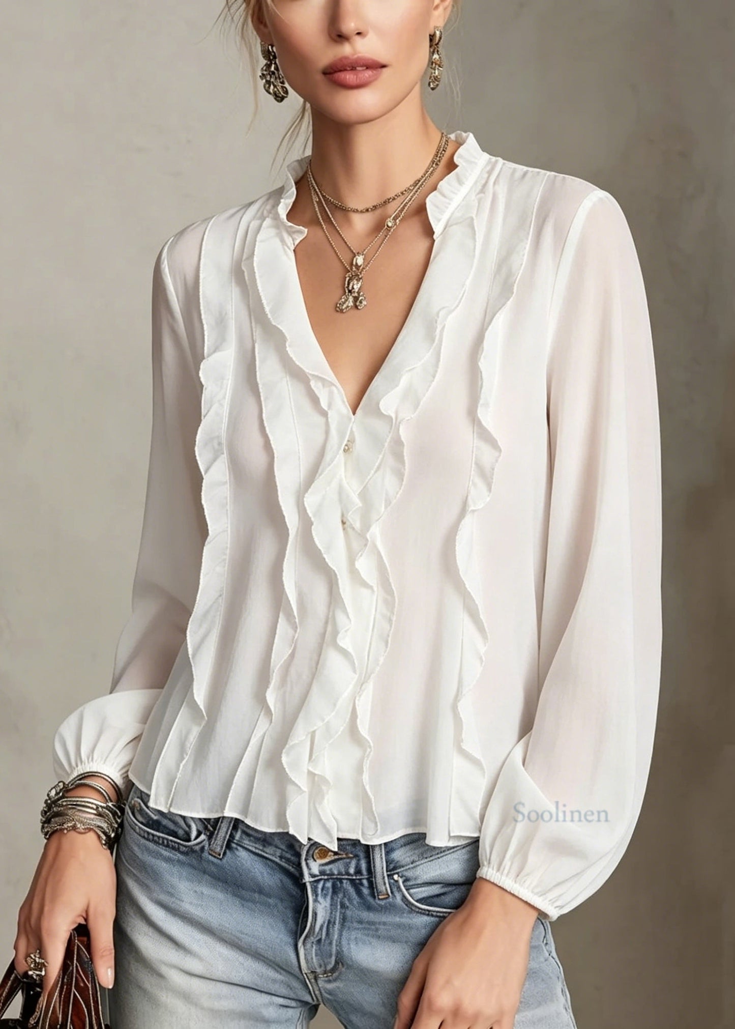Women White V Neck Ruffled Patchwork Cotton Shirt Tops Long Sleeve