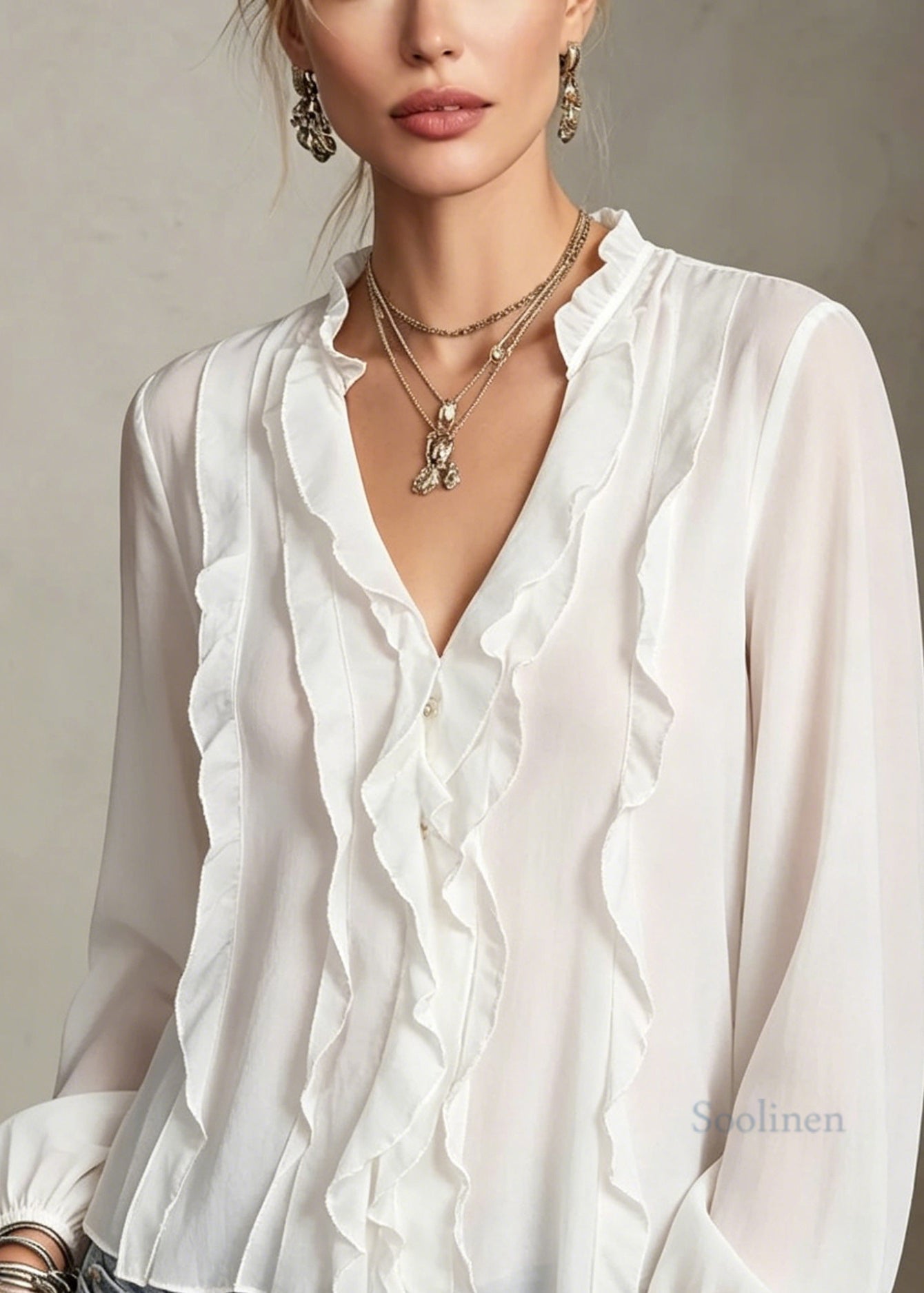 Women White V Neck Ruffled Patchwork Cotton Shirt Tops Long Sleeve