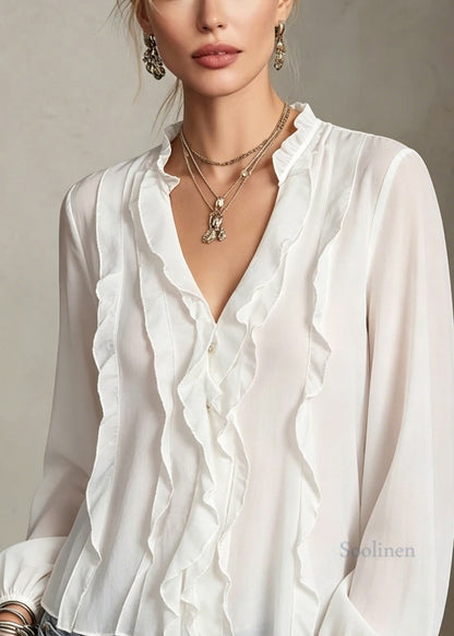 Women White V Neck Ruffled Patchwork Cotton Shirt Tops Long Sleeve