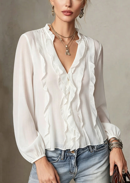 Women White V Neck Ruffled Patchwork Cotton Shirt Tops Long Sleeve