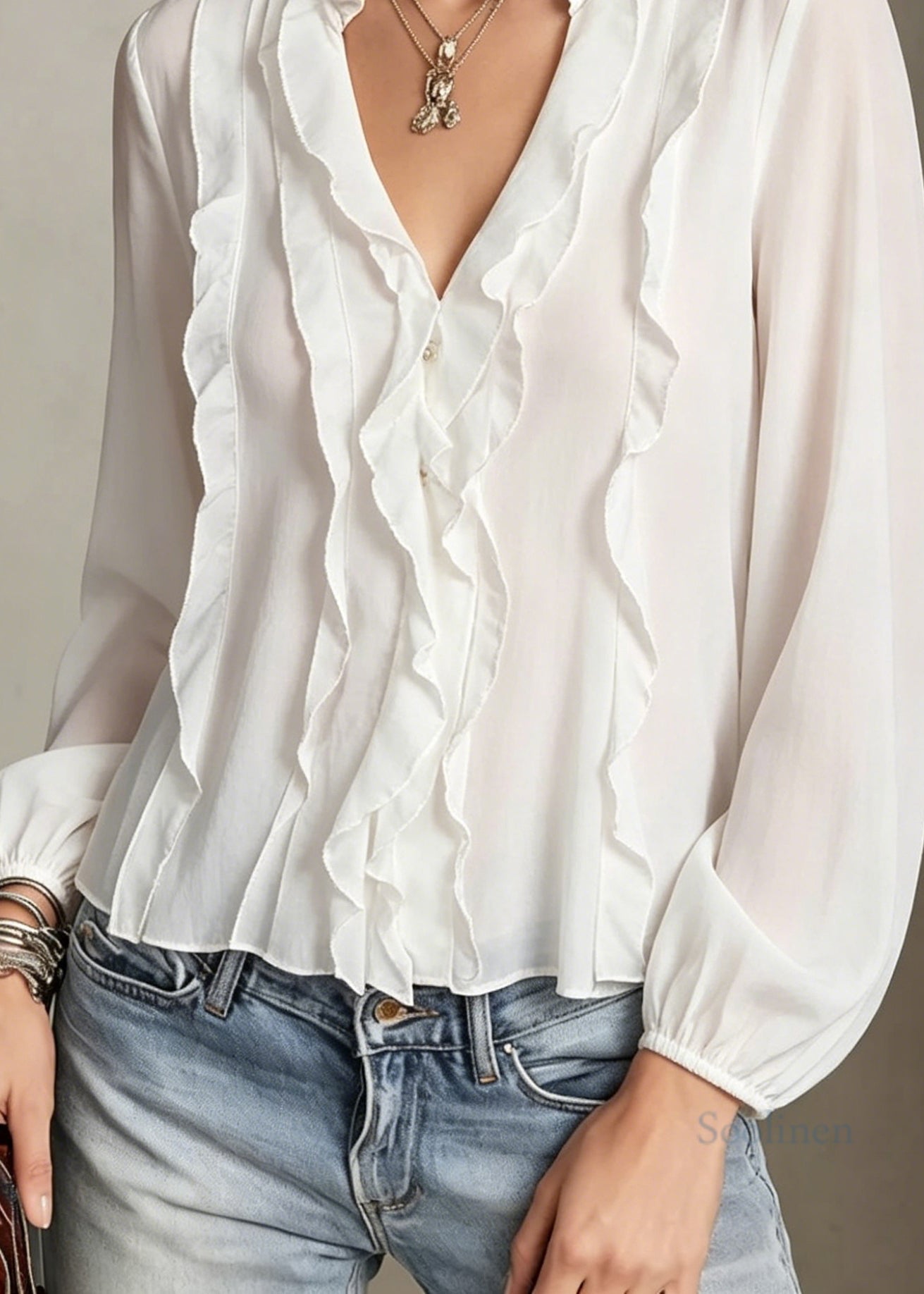 Women White V Neck Ruffled Patchwork Cotton Shirt Tops Long Sleeve