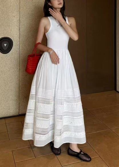 Women White Wrinkled Patchwork Lace Holiday Dress Sleeveless
