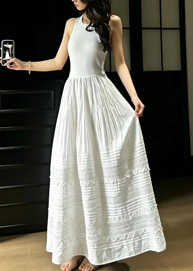 Women White Wrinkled Patchwork Lace Holiday Dress Sleeveless