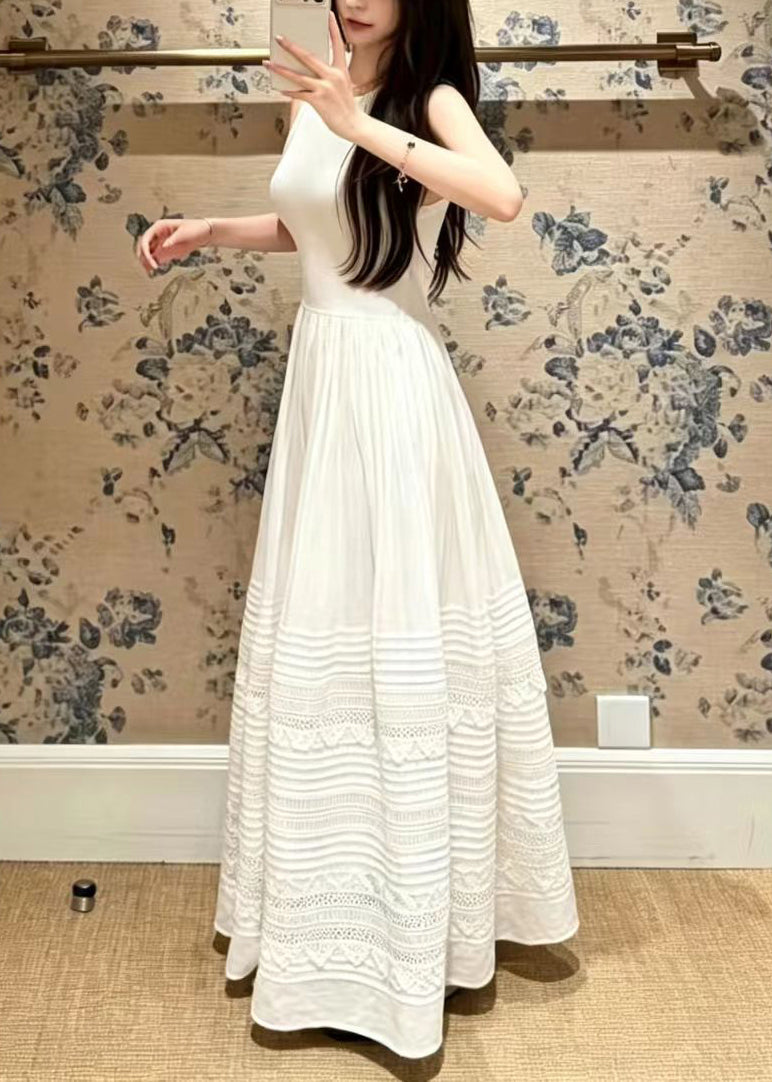 Women White Wrinkled Patchwork Lace Holiday Dress Sleeveless