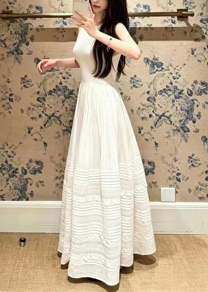 Women White Wrinkled Patchwork Lace Holiday Dress Sleeveless