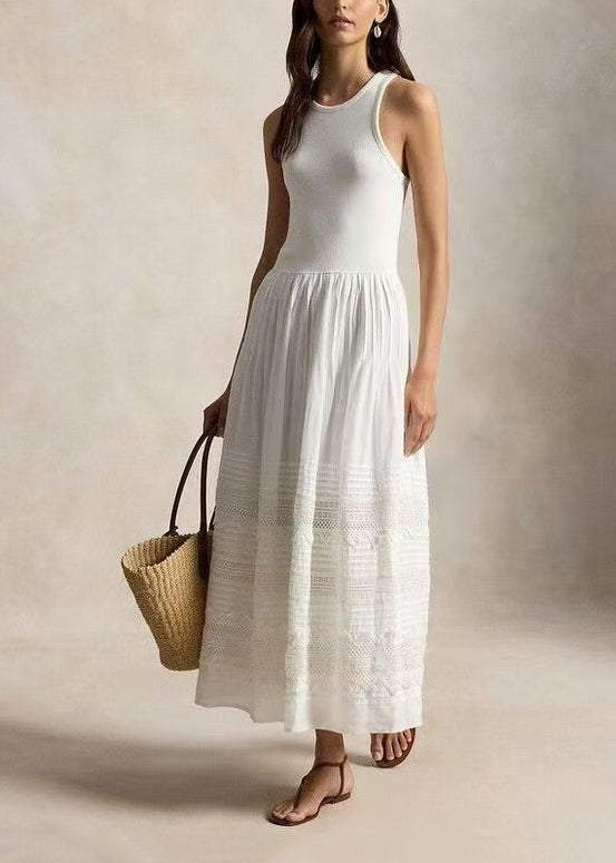 Women White Wrinkled Patchwork Lace Holiday Dress Sleeveless